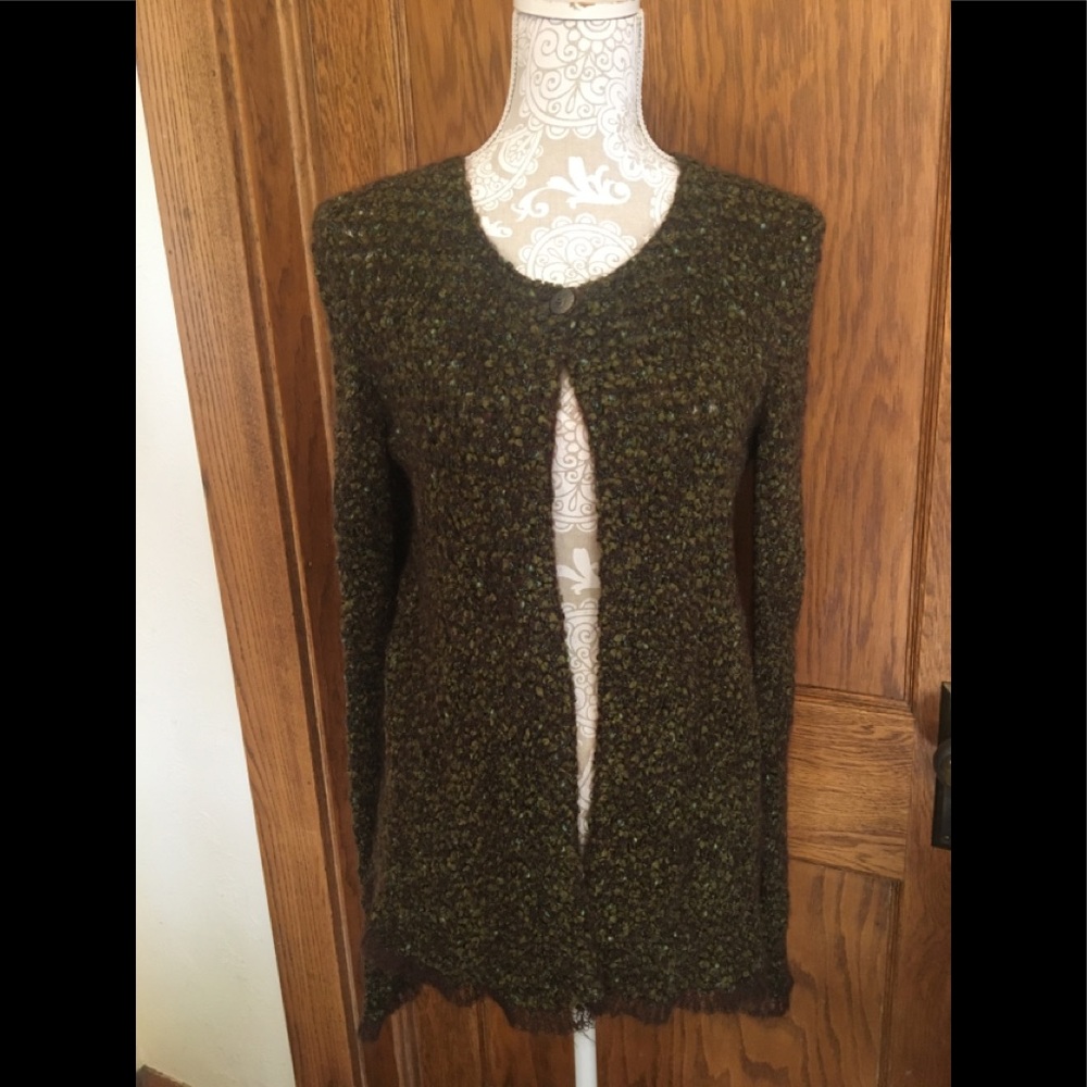 Chanel Vintage Olive Brown Multi Wool Blend Knit 'CC’ Button Cardigan FR Sz 42